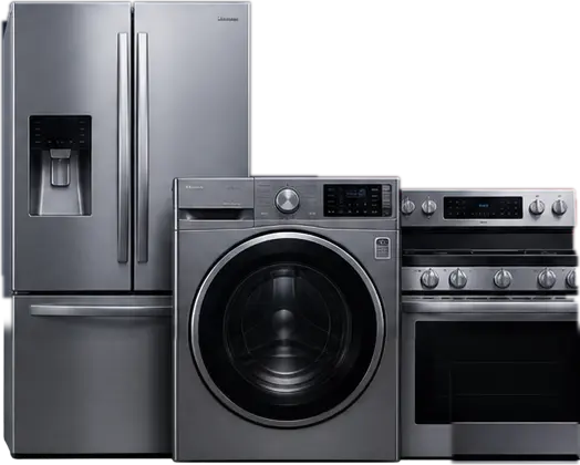 Complete stainless steel refrigerator, front-load washer, and range representing appliance repair services